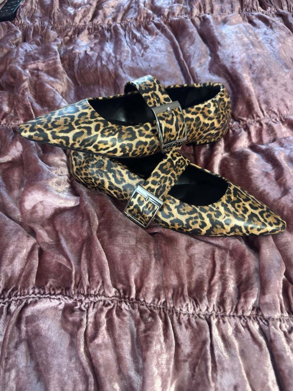 DKNY Women's Cormic Pointed Toe Buckle Flats in Leopard Print